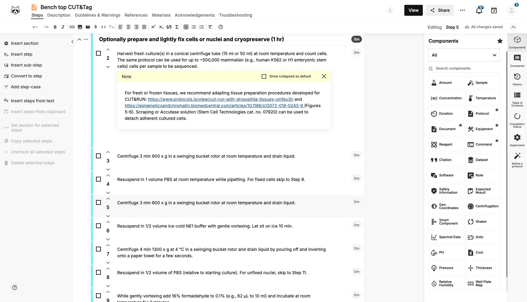 The protocols.io editor showing a bench protocol with its steps, reagents and components panel