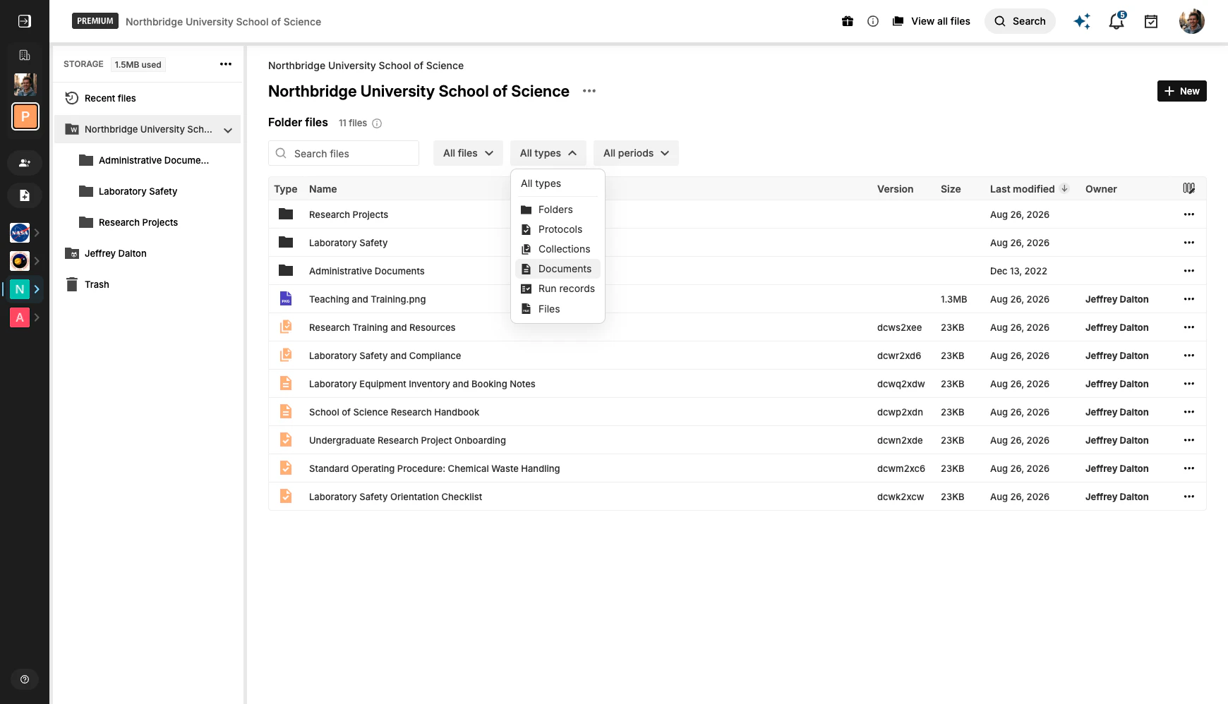 A protocols.io workspace listing protocols, SOPs and run records for a university department